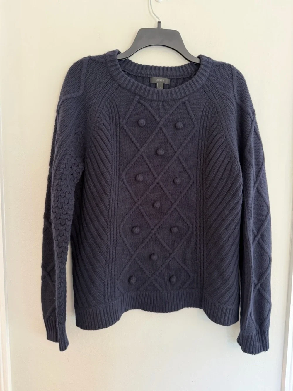 J. Crew Navy Cable Knit Sweater Pom Pom Textured Crewneck Size L